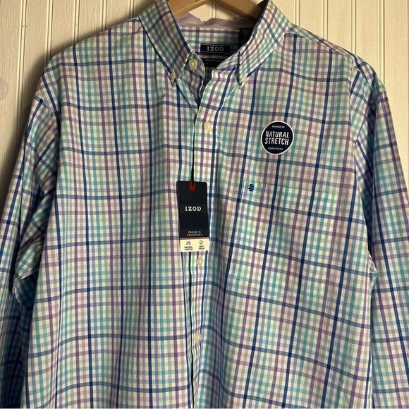 Izod Purple Blue Check Plaid Long Sleeve Collared Button Down Shirt NEW - Picture 2 of 7